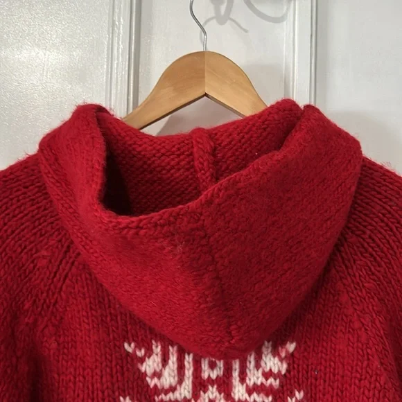 American Eagle Chunky Hand Knit Wool Snowflake Ski Winter Red Hooded Sweater - L - Picture 6 of 8